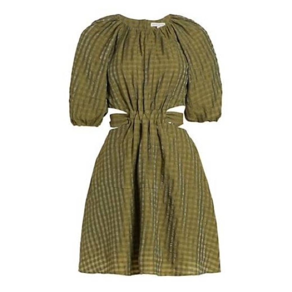 MOON RIVER Puff Sleeve Cut Out Tie Mini Dress SIZE MEDIUM Brunch Open Olive